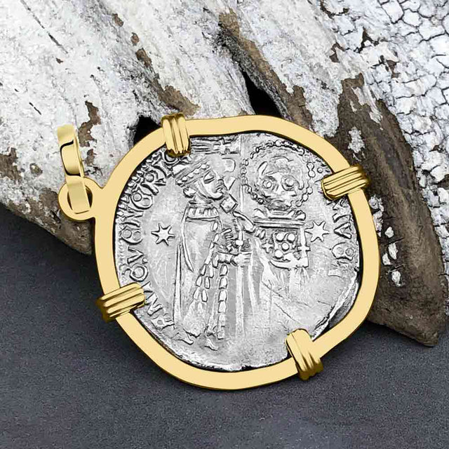 Venetian Jesus Christ Glory, Devotion & Courage Silver 1390 Grosso Coin 14K Gold Pendant