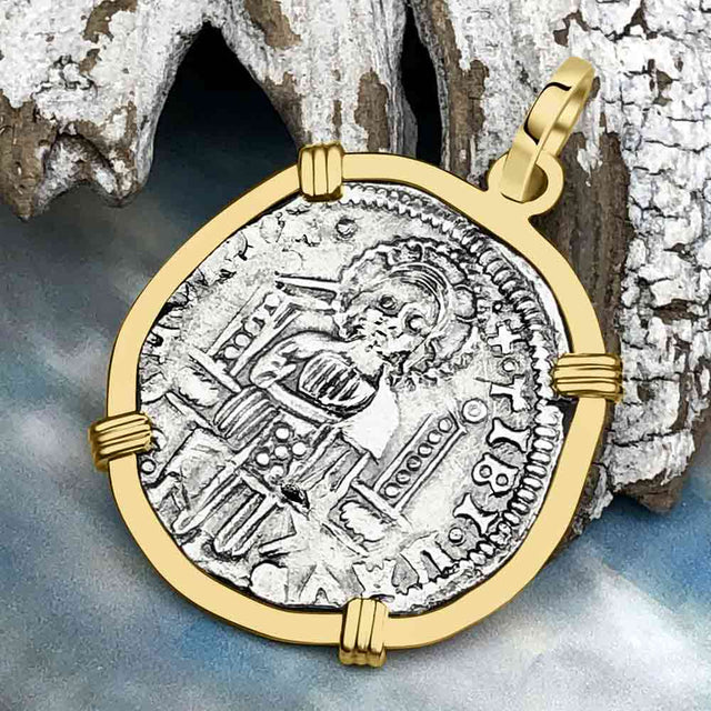 Venetian Jesus Christ Glory, Devotion & Courage Silver 1390 Grosso Coin 14K Gold Pendant
