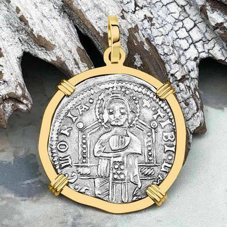 Venetian Jesus Christ Glory, Devotion & Courage Silver 1390 Grosso Coin 14K Gold Pendant
