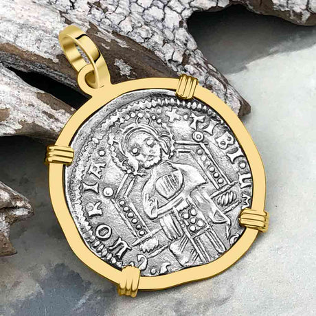 Venetian Jesus Christ Glory, Devotion & Courage Silver 1390 Grosso Coin 14K Gold Pendant