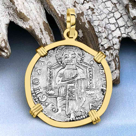 Venetian Jesus Christ Glory, Devotion & Courage Silver 1390 Grosso Coin 14K Gold Pendant