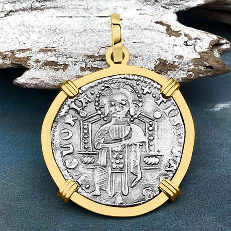 Venetian Jesus Christ Glory, Devotion & Courage Silver 1390 Grosso Coin 14K Gold Pendant