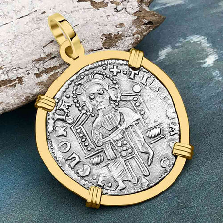 Venetian Jesus Christ Glory, Devotion & Courage Silver 1390 Grosso Coin 14K Gold Pendant