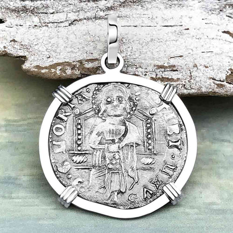 Venetian Jesus Christ Glory, Devotion & Courage Silver 1390 Grosso Coin 14K White Gold Pendant