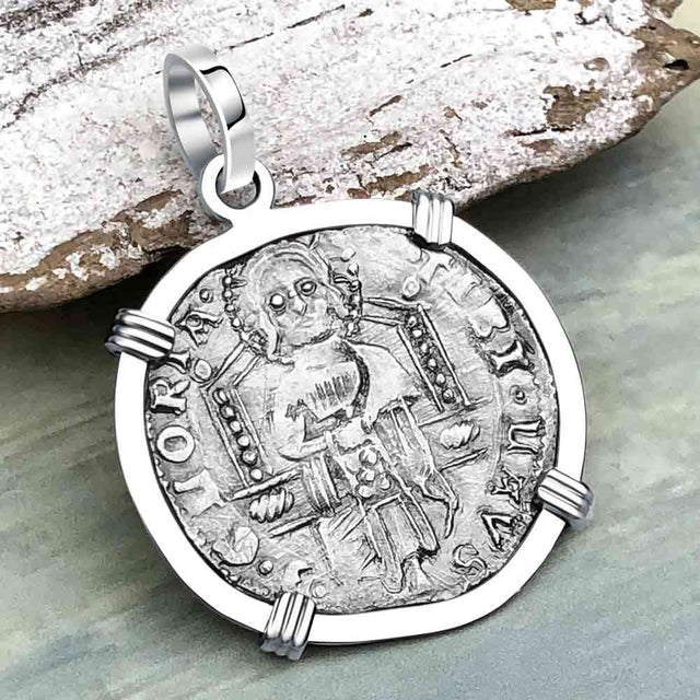 Venetian Jesus Christ Glory, Devotion & Courage Silver 1390 Grosso Coin 14K White Gold Pendant