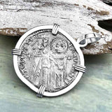 Venetian Jesus Christ Glory, Devotion & Courage Silver 1390 Grosso Coin 14K White Gold Pendant