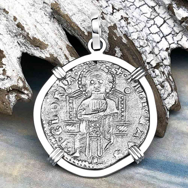 Venetian Jesus Christ Glory, Devotion & Courage Silver 1390 Grosso Coin 14K White Gold Pendant