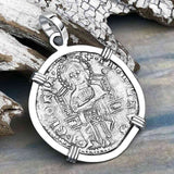 Venetian Jesus Christ Glory, Devotion & Courage Silver 1390 Grosso Coin 14K White Gold Pendant