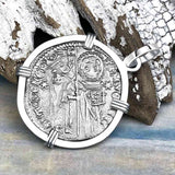 Venetian Jesus Christ Glory, Devotion & Courage Silver 1390 Grosso Coin 14K White Gold Pendant