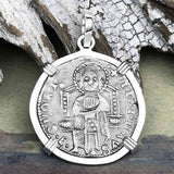 Venetian Jesus Christ Glory, Devotion & Courage Silver 1390 Grosso Coin 14K White Gold Pendant 