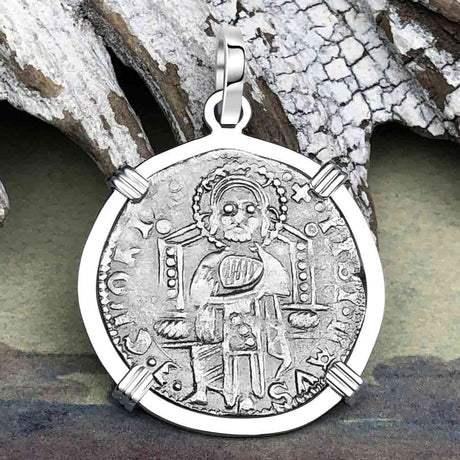 Venetian Jesus Christ Glory, Devotion & Courage Silver 1390 Grosso Coin 14K White Gold Pendant 