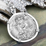 Venetian Jesus Christ Glory, Devotion & Courage Silver 1390 Grosso Coin 14K White Gold Pendant 