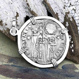 Venetian Jesus Christ Glory, Devotion & Courage Silver 1390 Grosso Coin 14K White Gold Pendant