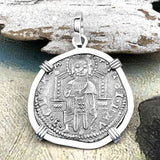 Venetian Jesus Christ Glory, Devotion & Courage Silver 1390 Grosso Coin 14K White Gold Pendant