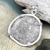 Venetian Jesus Christ Glory, Devotion & Courage Silver 1390 Grosso Coin 14K White Gold Pendant