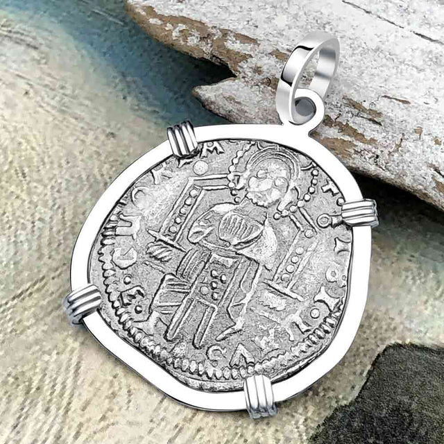 Venetian Jesus Christ Glory, Devotion & Courage Silver 1390 Grosso Coin 14K White Gold Pendant