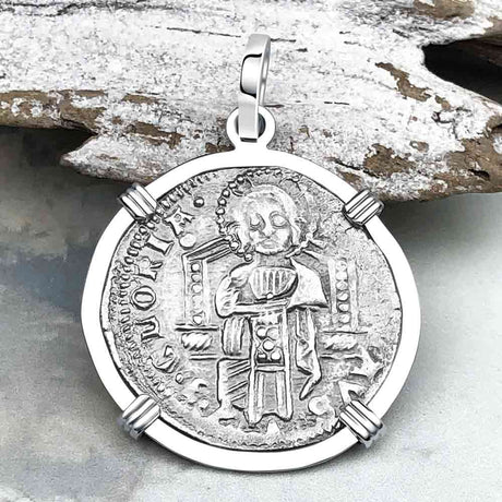 Venetian Jesus Christ Glory, Devotion & Courage Silver 1390 Grosso Coin 14K White Gold Pendant