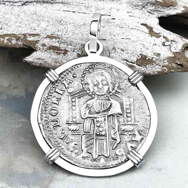 Venetian Jesus Christ Glory, Devotion & Courage Silver 1390 Grosso Coin 14K White Gold Pendant