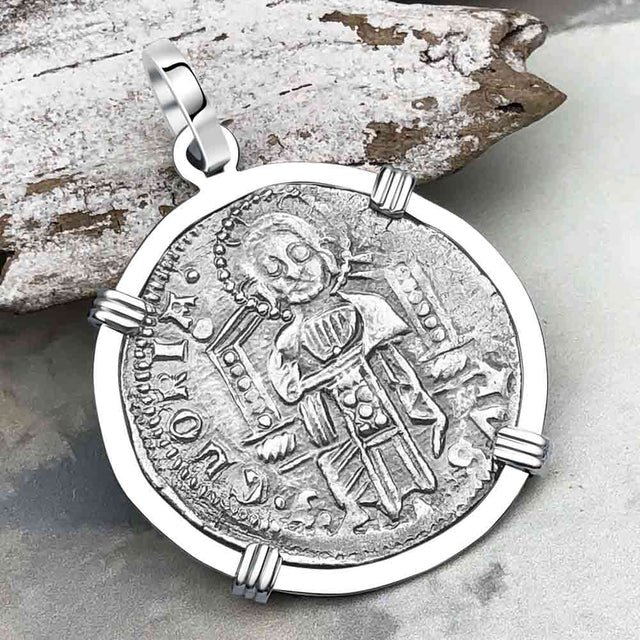 Venetian Jesus Christ Glory, Devotion & Courage Silver 1390 Grosso Coin 14K White Gold Pendant