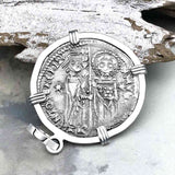Venetian Jesus Christ Glory, Devotion & Courage Silver 1390 Grosso Coin 14K White Gold Pendant