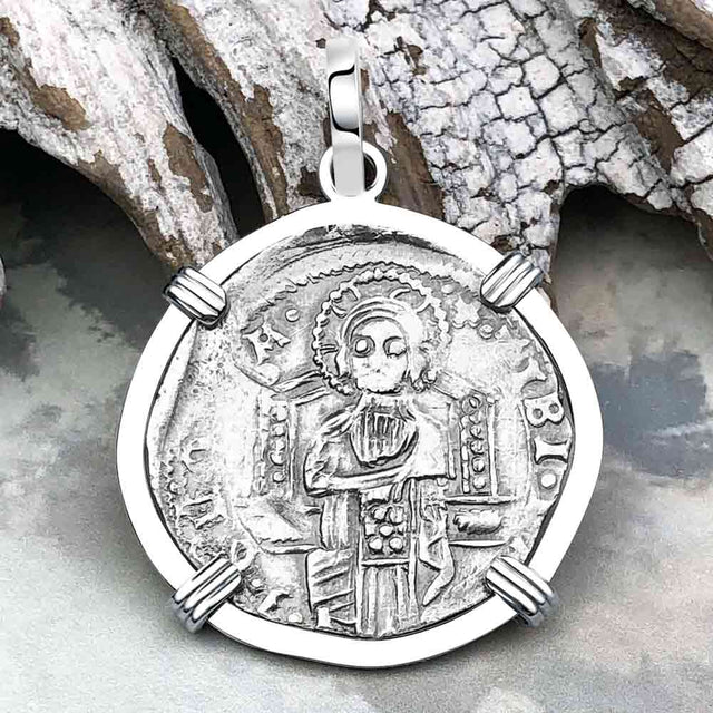 Venetian Jesus Christ Glory, Devotion & Courage Silver 1390 Grosso Coin 14K White Gold Pendant