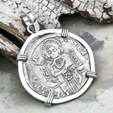 Venetian Jesus Christ Glory, Devotion & Courage Silver 1390 Grosso Coin 14K White Gold Pendant