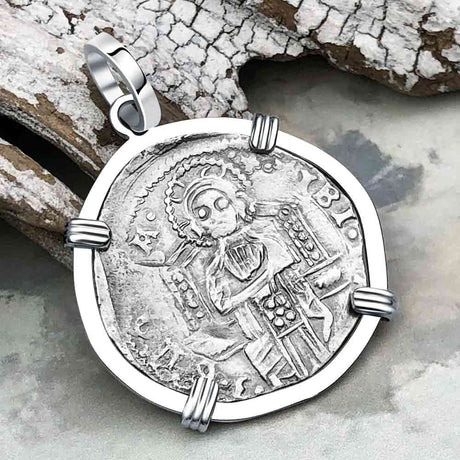 Venetian Jesus Christ Glory, Devotion & Courage Silver 1390 Grosso Coin 14K White Gold Pendant