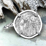 Venetian Jesus Christ Glory, Devotion & Courage Silver 1390 Grosso Coin 14K White Gold Pendant