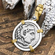 Ancient Greek Alexander the Great Silver Drachm Coin 14K Gold & Sterling Silver Pendant