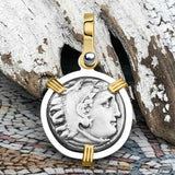 Ancient Greek Alexander the Great Silver Drachm Coin 14K Gold & Sterling Silver Pendant