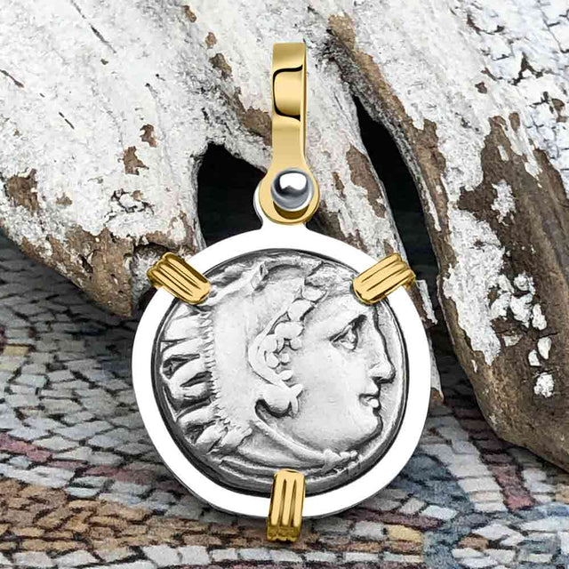 Ancient Greek Alexander the Great Silver Drachm Coin 14K Gold & Sterling Silver Pendant
