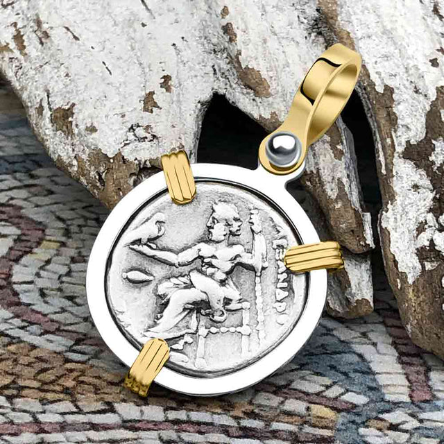 Ancient Greek Alexander the Great Silver Drachm Coin 14K Gold & Sterling Silver Pendant
