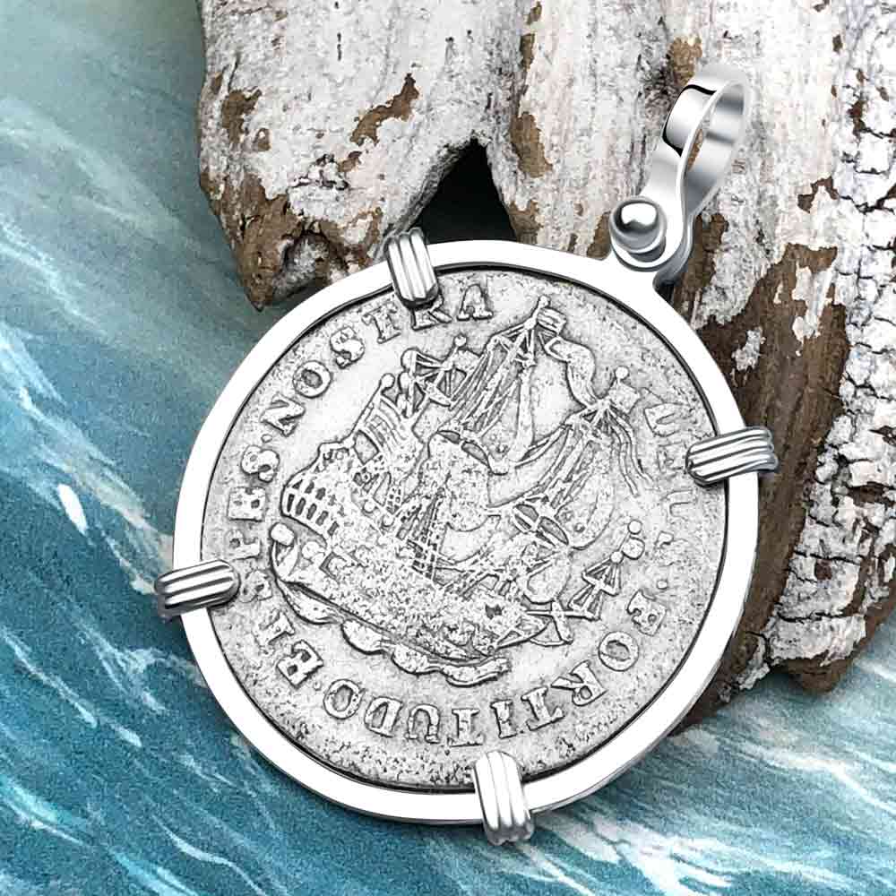 Dutch East India Company 1755 Silver 6 Stuiver Ship Shilling "God is our Refuge and Strength" Sterling Silver Pendant