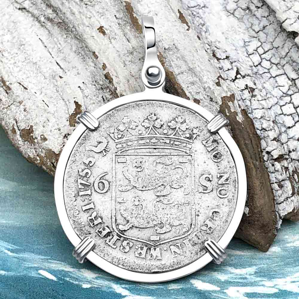 Dutch East India Company 1755 Silver 6 Stuiver Ship Shilling "God is our Refuge and Strength" Sterling Silver Pendant