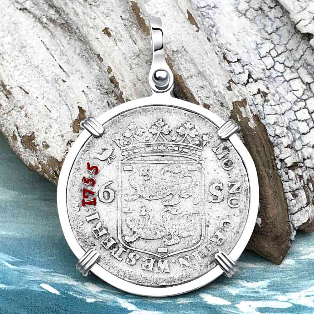 Dutch East India Company 1755 Silver 6 Stuiver Ship Shilling "God is our Refuge and Strength" Sterling Silver Pendant