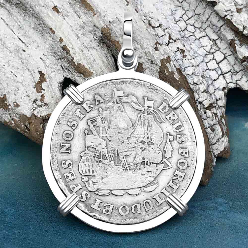 Dutch East India Company 1744 Silver 6 Stuiver Ship Shilling "God is our Refuge and Strength" Sterling Silver Pendant