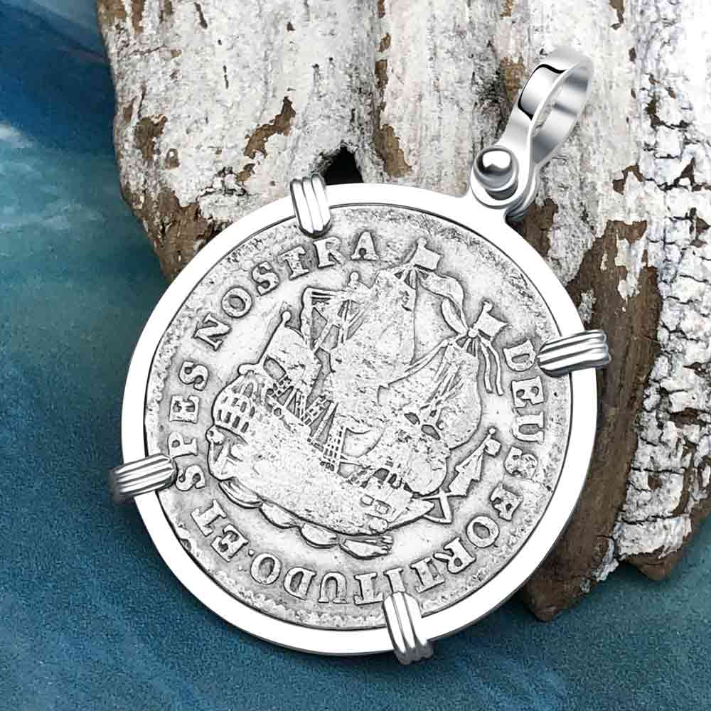 Dutch East India Company 1744 Silver 6 Stuiver Ship Shilling "God is our Refuge and Strength" Sterling Silver Pendant