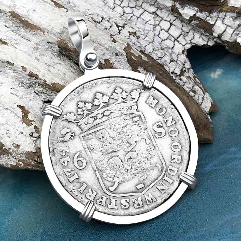 Dutch East India Company 1744 Silver 6 Stuiver Ship Shilling "God is our Refuge and Strength" Sterling Silver Pendant