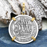 Dutch East India Company 1766 Silver 6 Stuiver Ship Shilling "I Struggle and Survive" 14K Gold & Sterling Silver Pendant