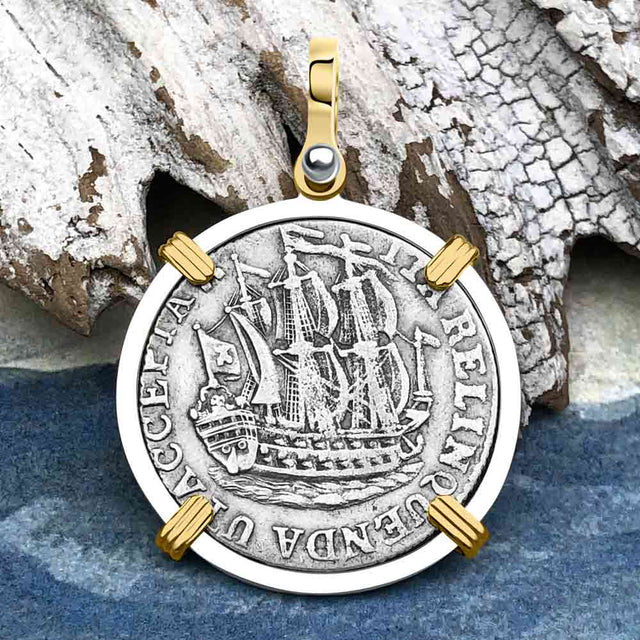 Dutch East India Company 1766 Silver 6 Stuiver Ship Shilling "I Struggle and Survive" 14K Gold & Sterling Silver Pendant
