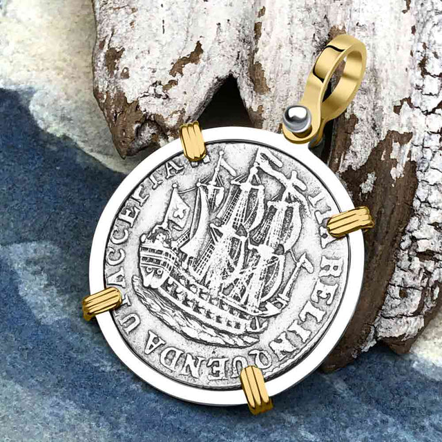 Dutch East India Company 1766 Silver 6 Stuiver Ship Shilling "I Struggle and Survive" 14K Gold & Sterling Silver Pendant