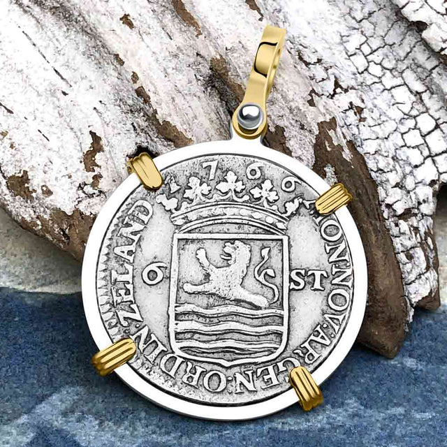 Dutch East India Company 1766 Silver 6 Stuiver Ship Shilling "I Struggle and Survive" 14K Gold & Sterling Silver Pendant