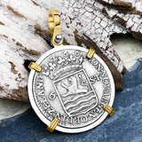 Dutch East India Company 1766 Silver 6 Stuiver Ship Shilling "I Struggle and Survive" 14K Gold & Sterling Silver Pendant
