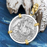 Dutch East India Company 1765 Silver 6 Stuiver Ship Shilling "I Struggle and Survive" 14K Gold & Sterling Silver Pendant