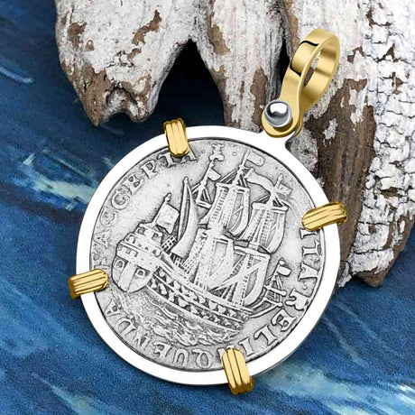 Dutch East India Company 1765 Silver 6 Stuiver Ship Shilling "I Struggle and Survive" 14K Gold & Sterling Silver Pendant