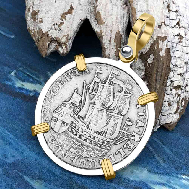Dutch East India Company 1765 Silver 6 Stuiver Ship Shilling "I Struggle and Survive" 14K Gold & Sterling Silver Pendant