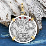 Dutch East India Company 1765 Silver 6 Stuiver Ship Shilling "I Struggle and Survive" 14K Gold & Sterling Silver Pendant