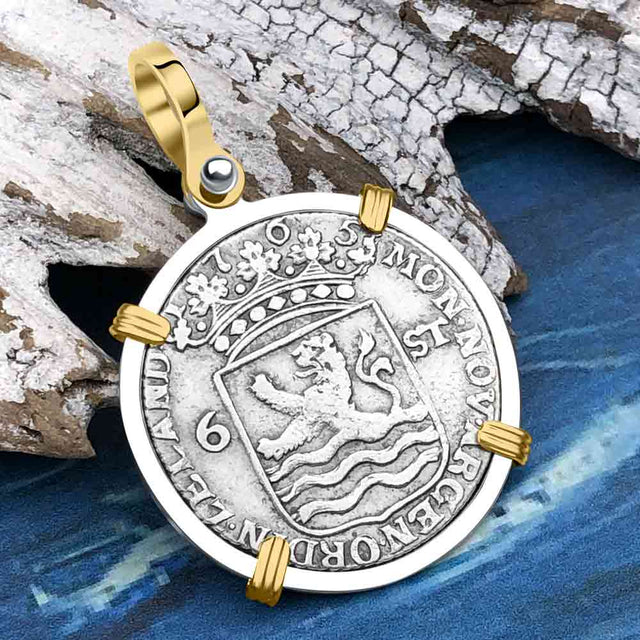 Dutch East India Company 1765 Silver 6 Stuiver Ship Shilling "I Struggle and Survive" 14K Gold & Sterling Silver Pendant