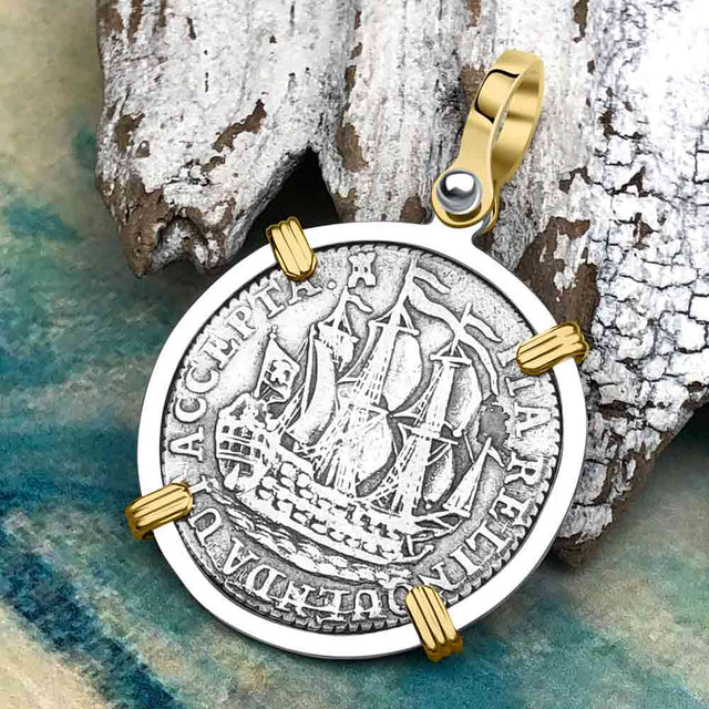 Dutch East India Company 1790 Silver 6 Stuiver Ship Shilling "I Struggle and Survive" 14K Gold & Sterling Silver Pendant | Artifact #4841