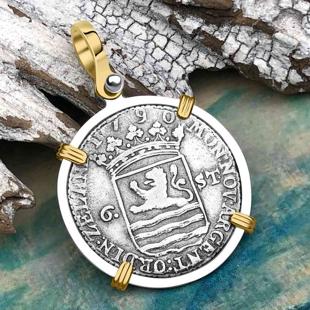Dutch East India Company 1790 Silver 6 Stuiver Ship Shilling "I Struggle and Survive" 14K Gold & Sterling Silver Pendant | Artifact #4841